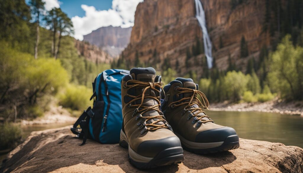 an image of boots and camping bag in a beautiful mountain lake scenery