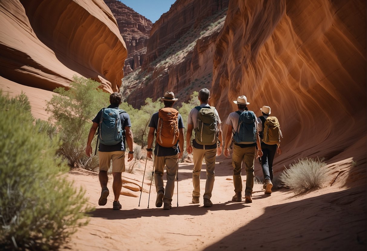 A group of hikers follows a guide through the rugged terrain of Paria Canyon, carefully adhering to safety and regulations